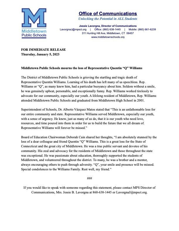 010523 Press Release re: Q Williams