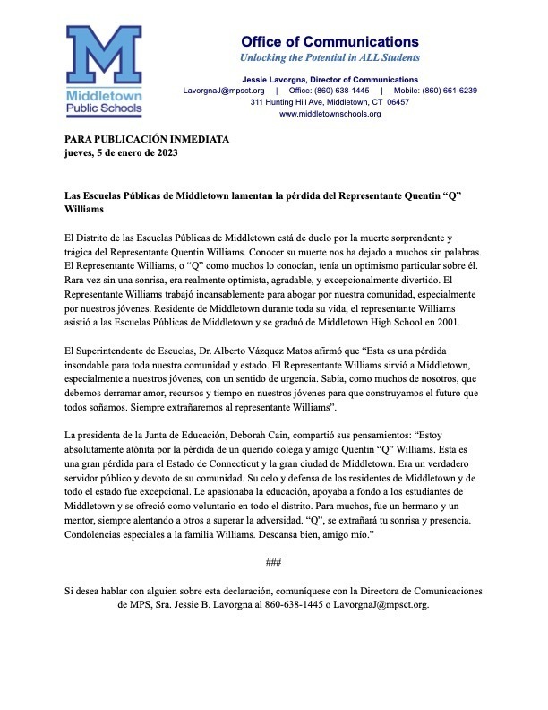 010523 Press Release re: Q Williams