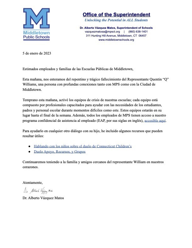 010523 Support to Schools re: Q Williams