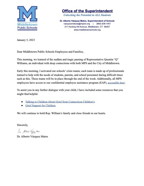 010523 Support to Schools re: Q Williams